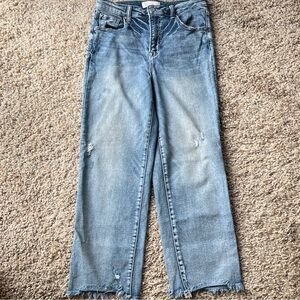 Risen Jeans. Stylish, Light Blue, Cropped Women's Straight Leg Jeans